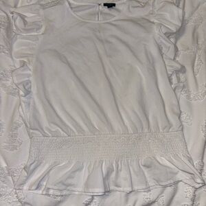 Ann Taylor White Ruffle-Sleeve Smocked Waist Blouse